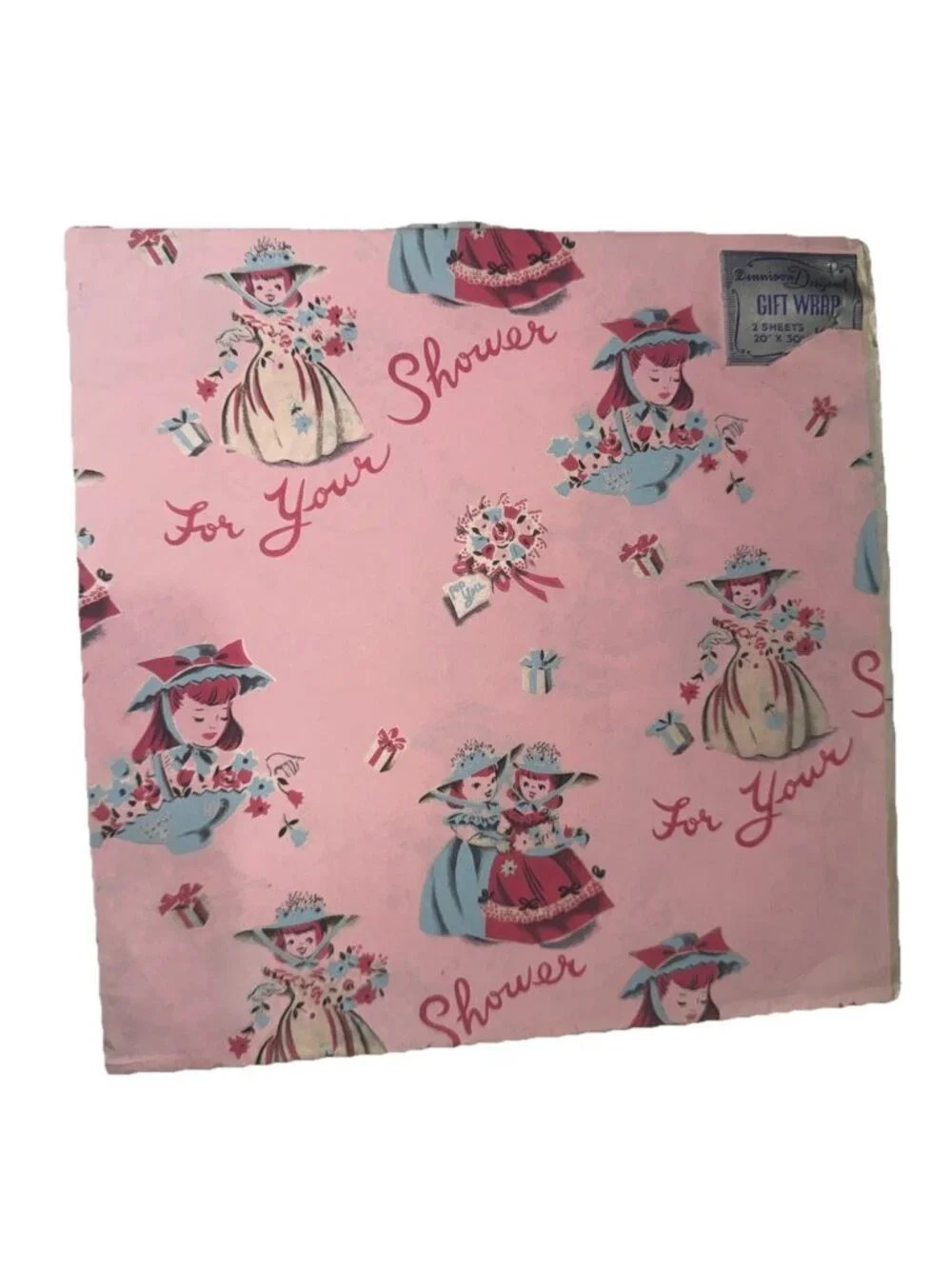 Vintage Dennison Gift Wrap Paper Baby Shower Pink 1950’s Brand New NOS USA 20x30